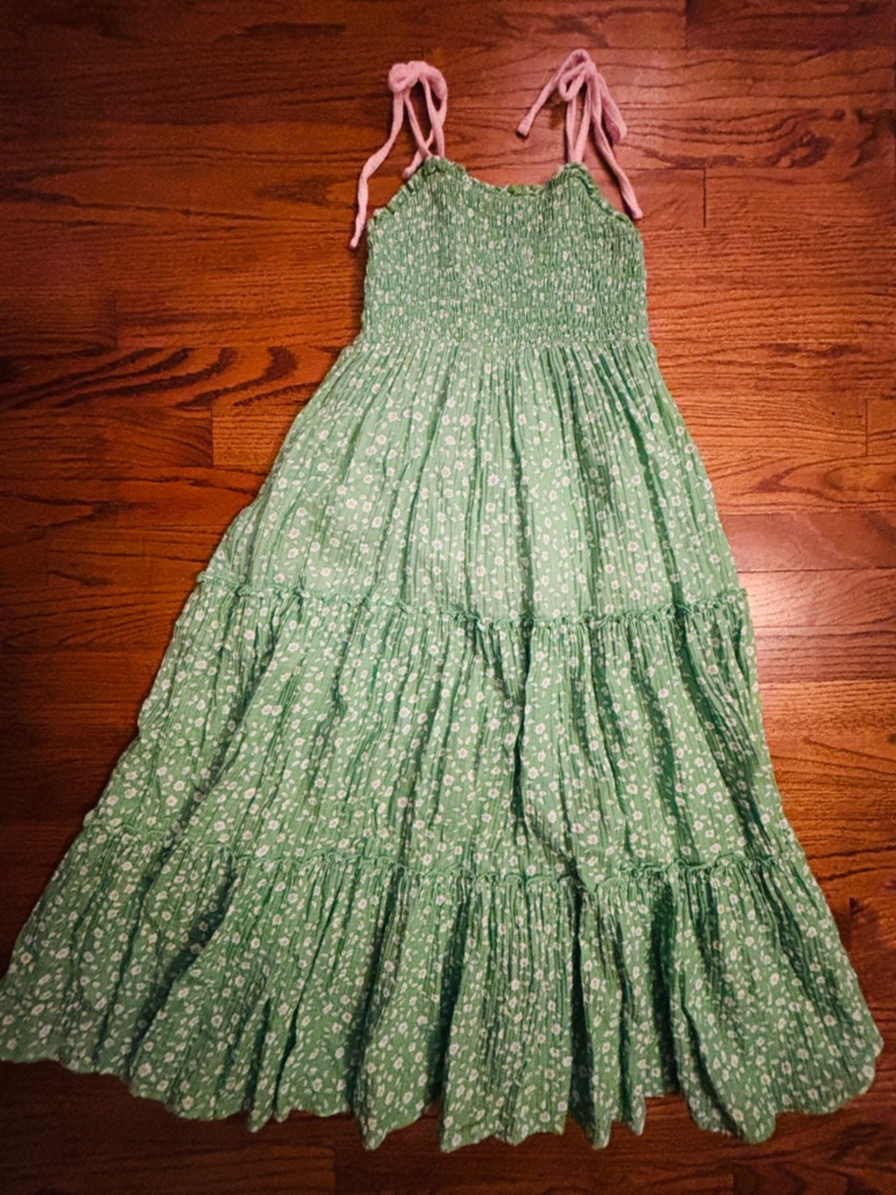 SweetHoney Green Floral Tiered Dress with Pink Tie Straps